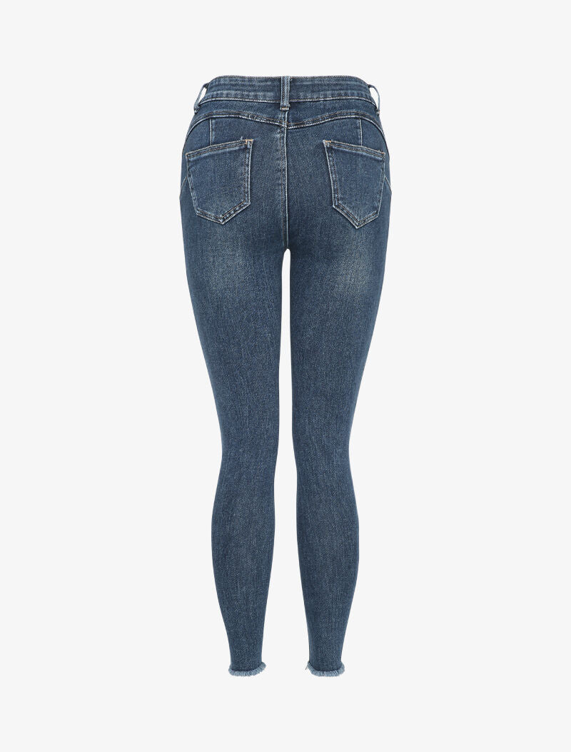 Jean taille haute à bords déchirés - Bleu denim - 2