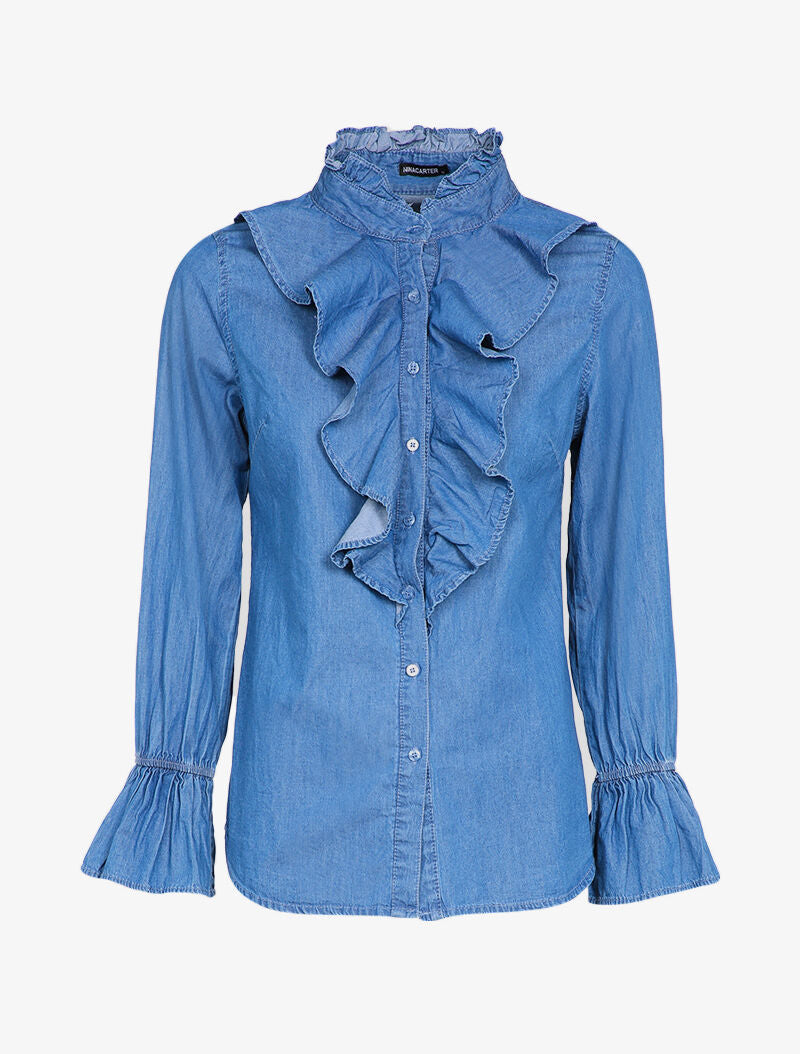 Chemise en jean à pans volantés - Bleu denim - 4