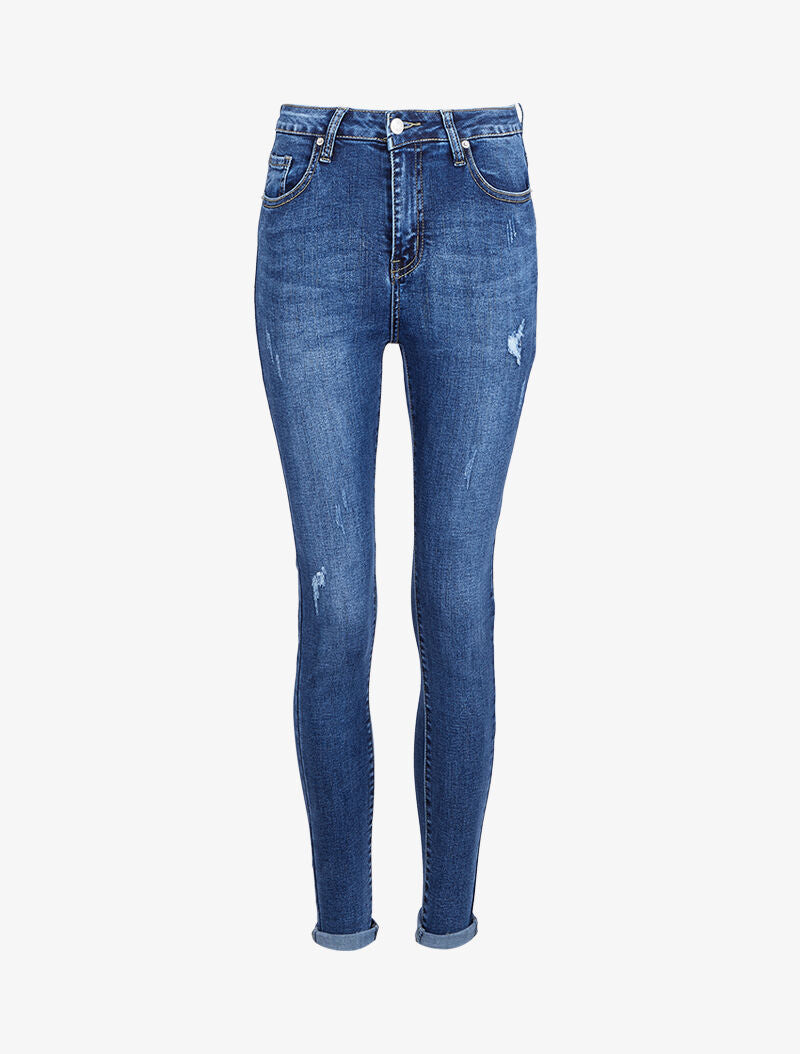 Jean skinny taille haute délavé et griffé - Bleu denim - 3