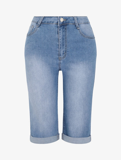 Bermuda grande taille en jean à bords retroussés - Bleu clair - 1