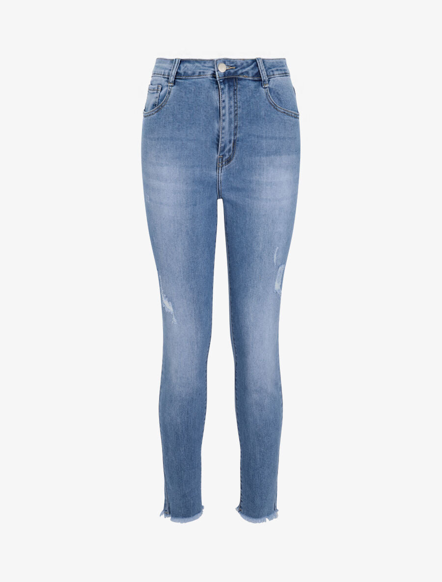 Jean skinny grande taille déchiré à bords coupe franche - Bleu clair - 1