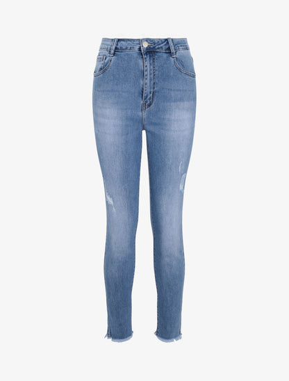 Jean skinny grande taille déchiré à bords coupe franche - Bleu clair - 1