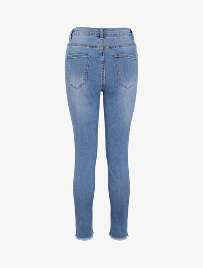 Jean skinny grande taille déchiré à bords coupe franche - Bleu clair - 2