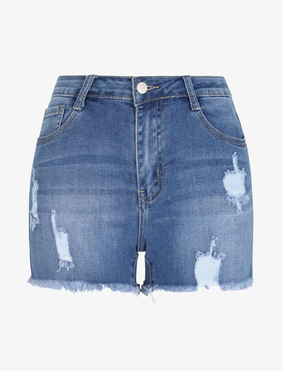 Short en jean déchiré à bords coupe franche - Bleu - 1