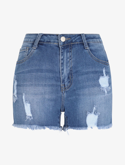 Short en jean déchiré à bords coupe franche - Bleu - 1