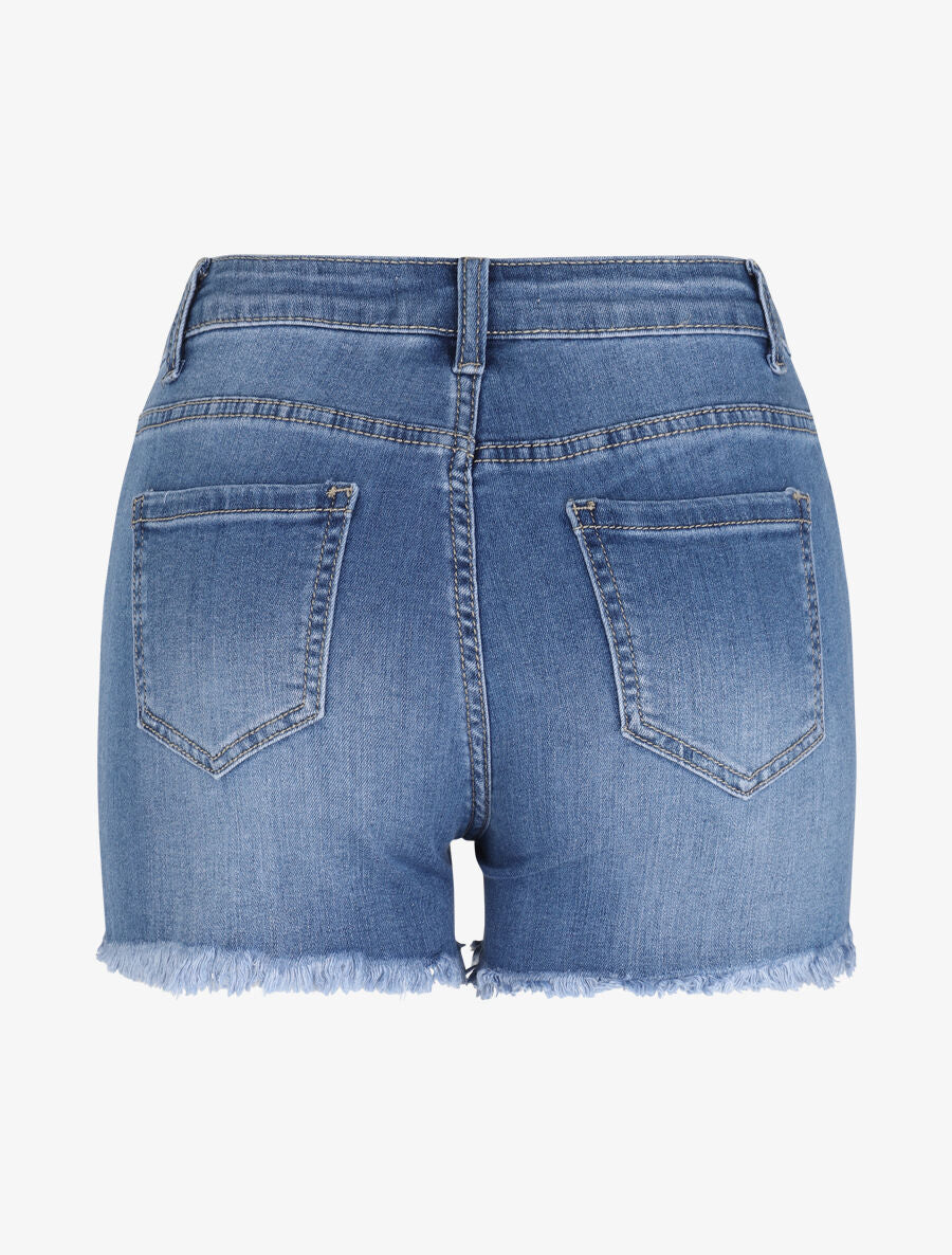 Short en jean déchiré à bords coupe franche - Bleu - 2