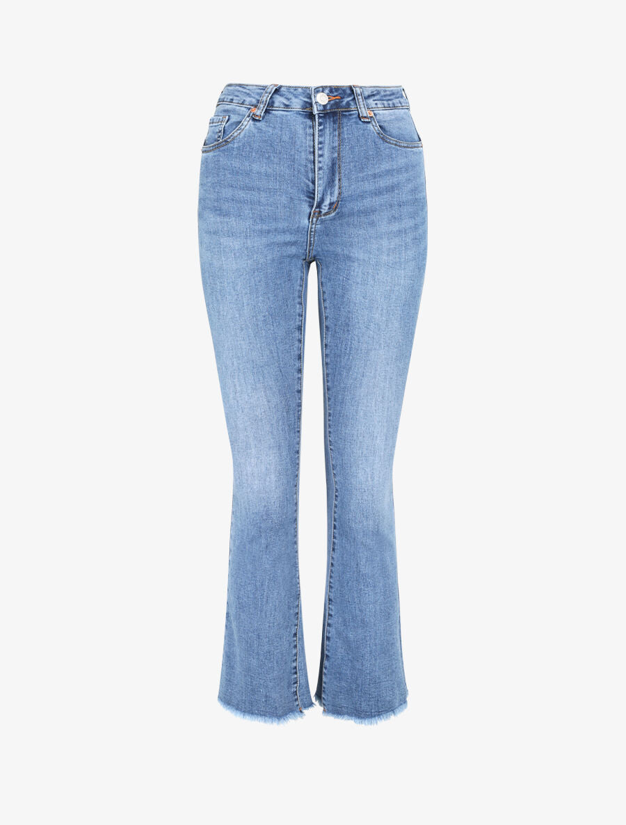 Jean push up coupe flare à bords effilochés - Bleu denim - 1