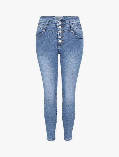 Jean skinny à taille haute boutonnée - Bleu denim - 1