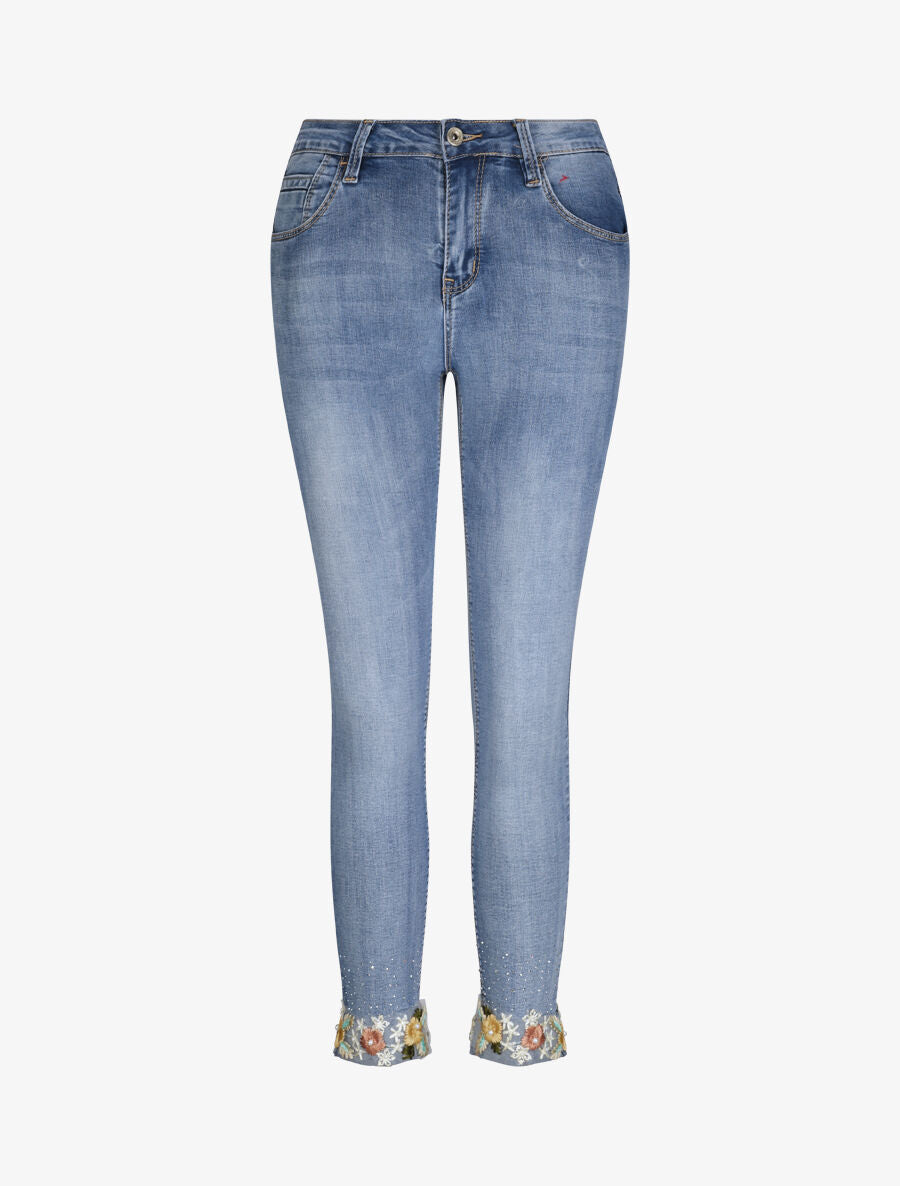 Jean 7/8 à revers orné de broderies et de strass - Bleu denim - 4