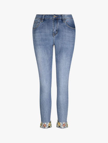 Jean 7/8 à revers orné de broderies et de strass - Bleu denim - 4