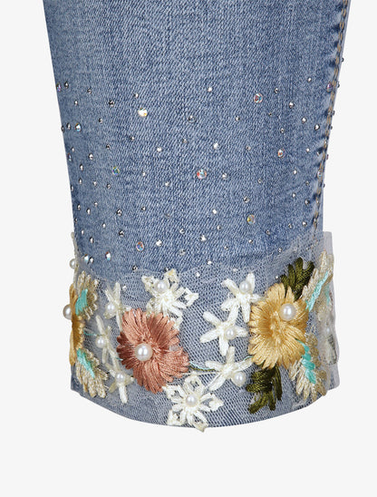 Jean 7/8 à revers orné de broderies et de strass - Bleu denim - 3