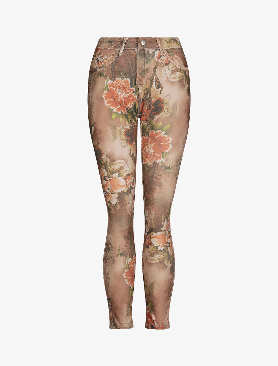 Jean réversible slim taille haute effet froissé imprimé fleuri - Beige - 3