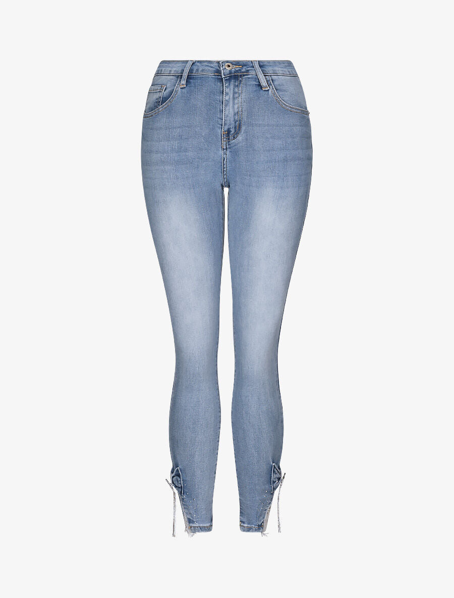 Jean 7/8 orné de strass et dentelle - Bleu denim - 1