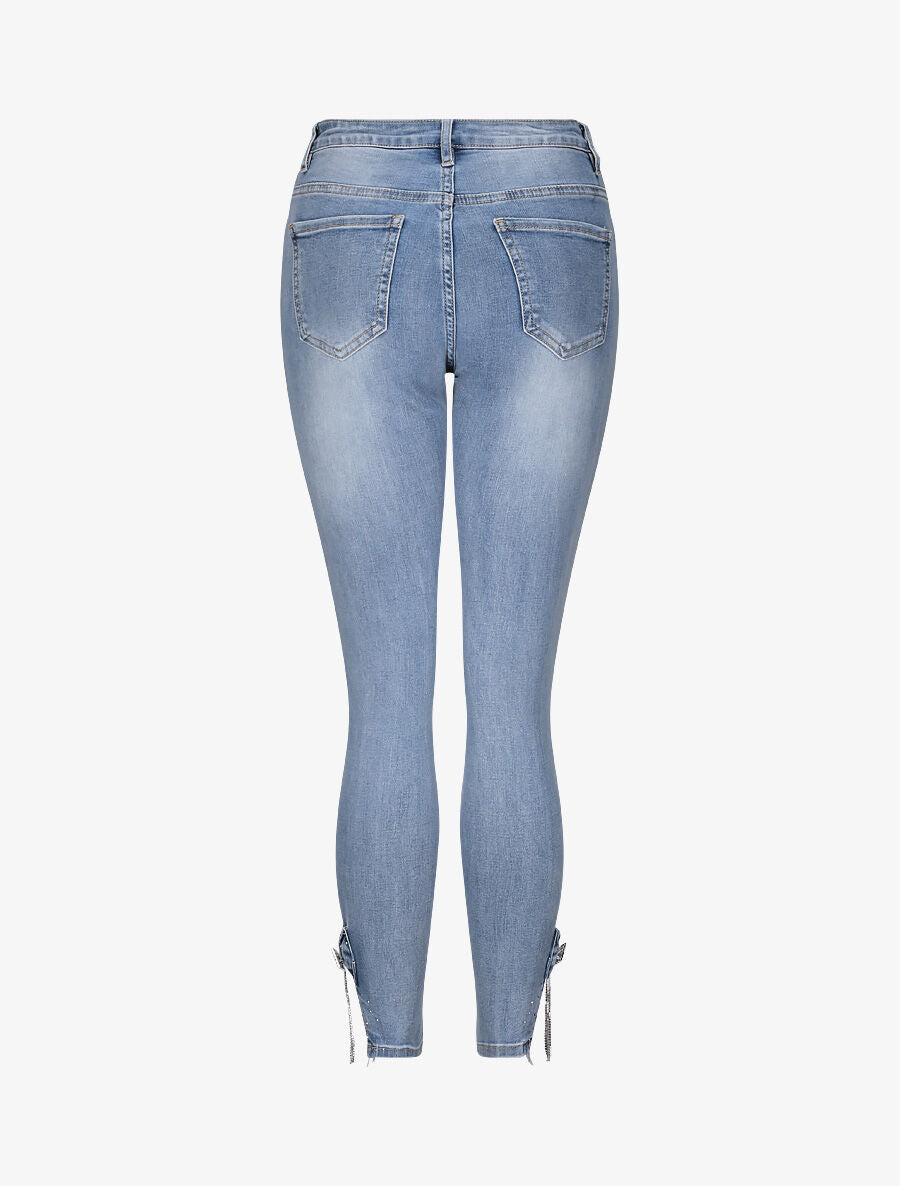 Jean 7/8 orné de strass et dentelle - Bleu denim - 2