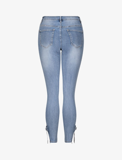 Jean 7/8 orné de strass et dentelle - Bleu denim - 2