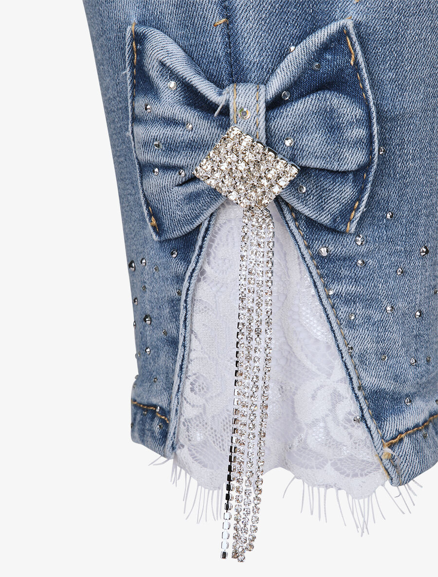 Jean 7/8 orné de strass et dentelle - Bleu denim - 3