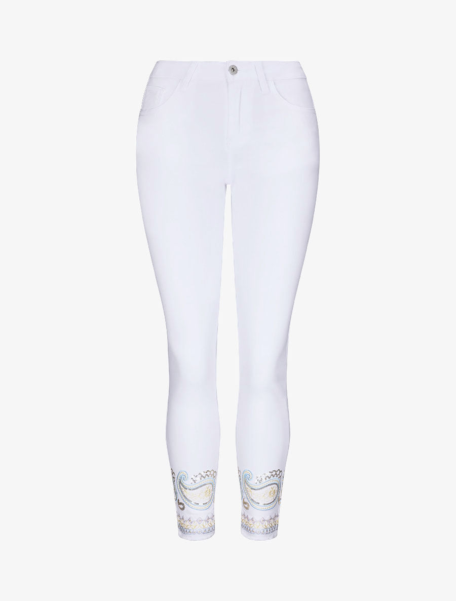 Jean slim taille haute broderie cachemire stylisée - Blanc - 4