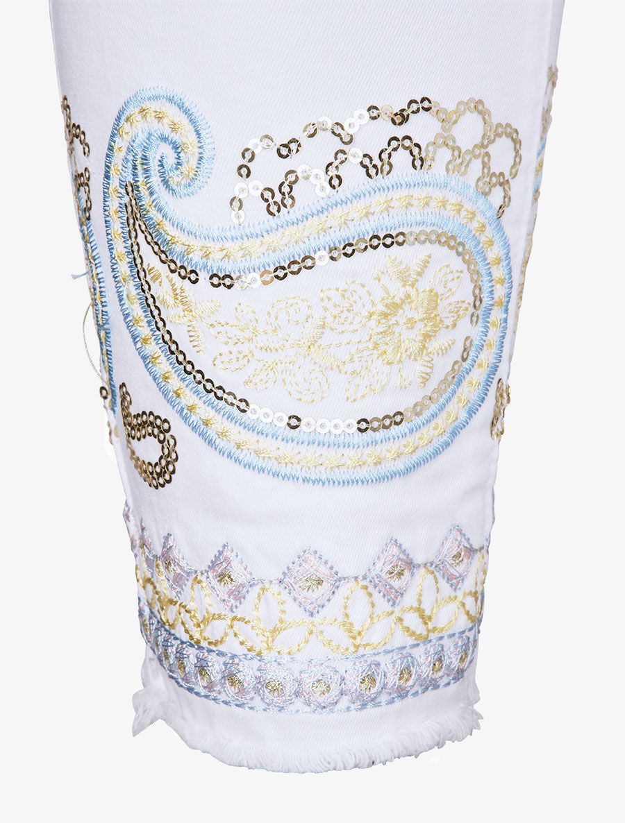 Jean slim taille haute broderie cachemire stylisée - Blanc - 3