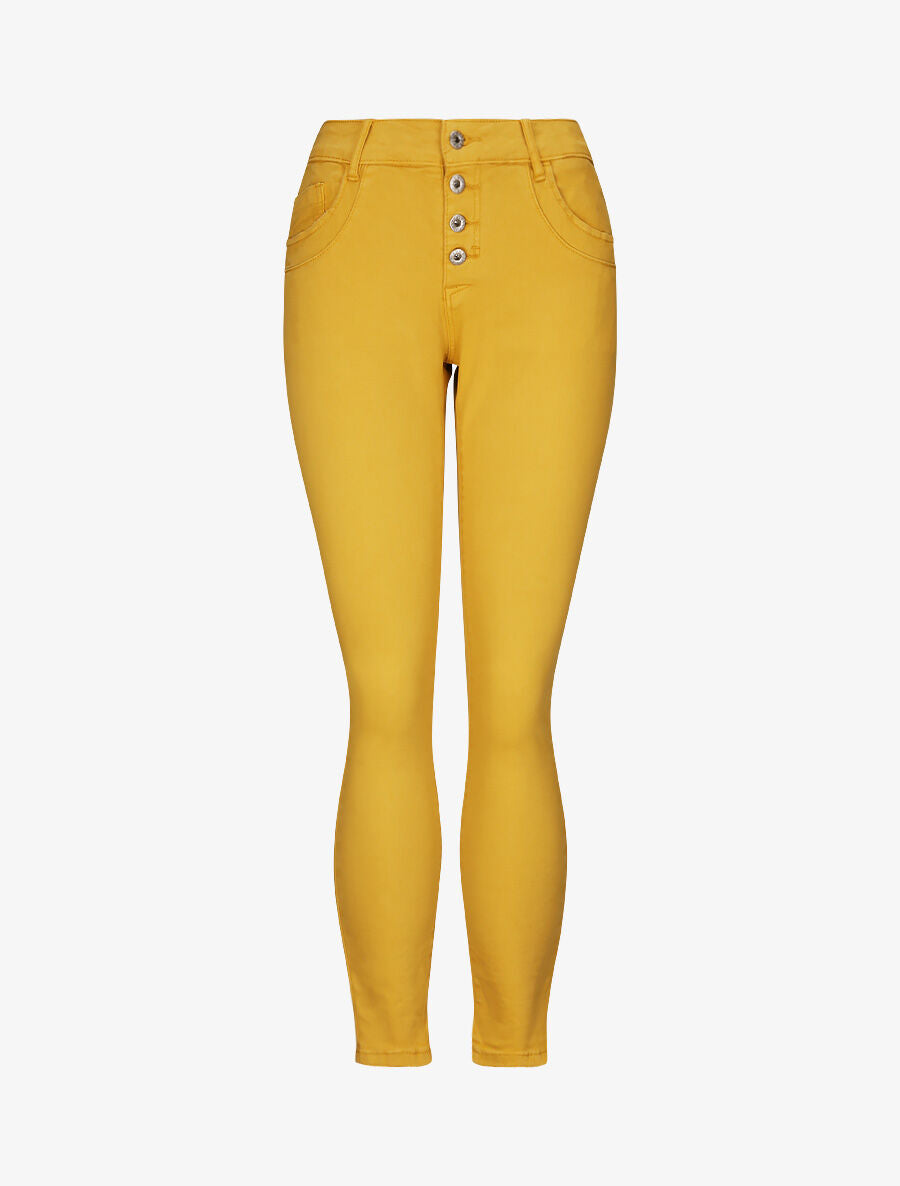 Jean boyfriend taille haute uni effet froissé - Moutarde - 1