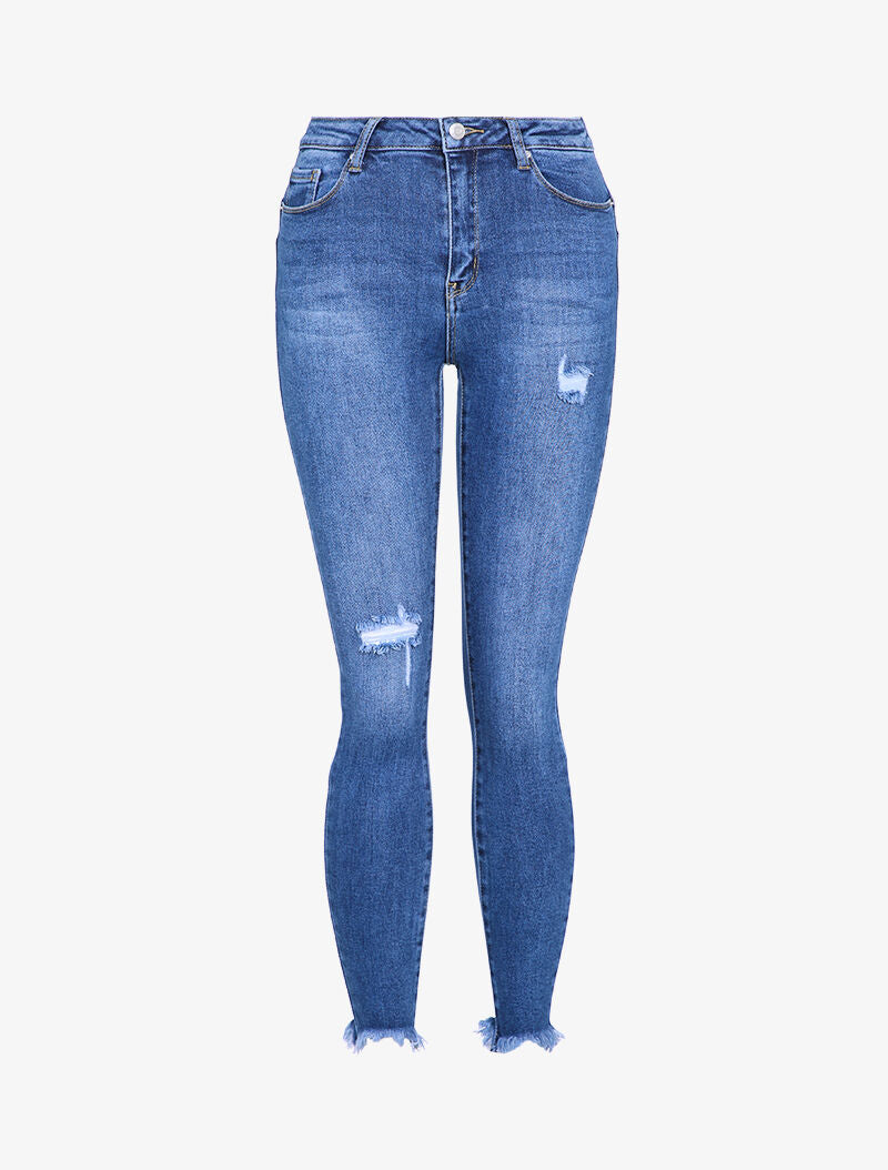 Jean skinny destroy à bords effilochés - Bleu denim - 1