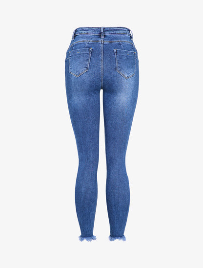 Jean skinny destroy à bords effilochés - Bleu denim - 2