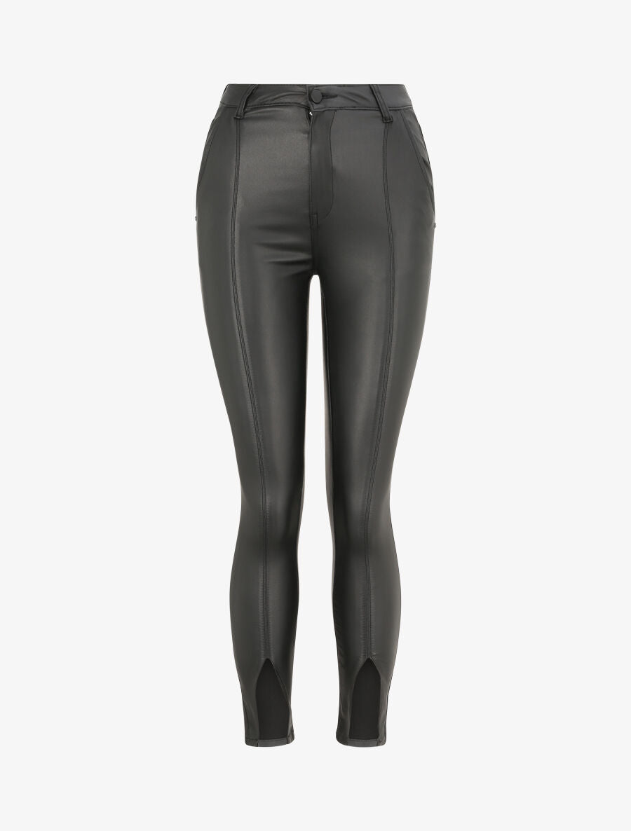Pantalon en simili à bord avant fendu - Noir - 4