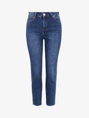 Jean boyfriend taille haute à empiècement effiloché - Bleu denim - 1