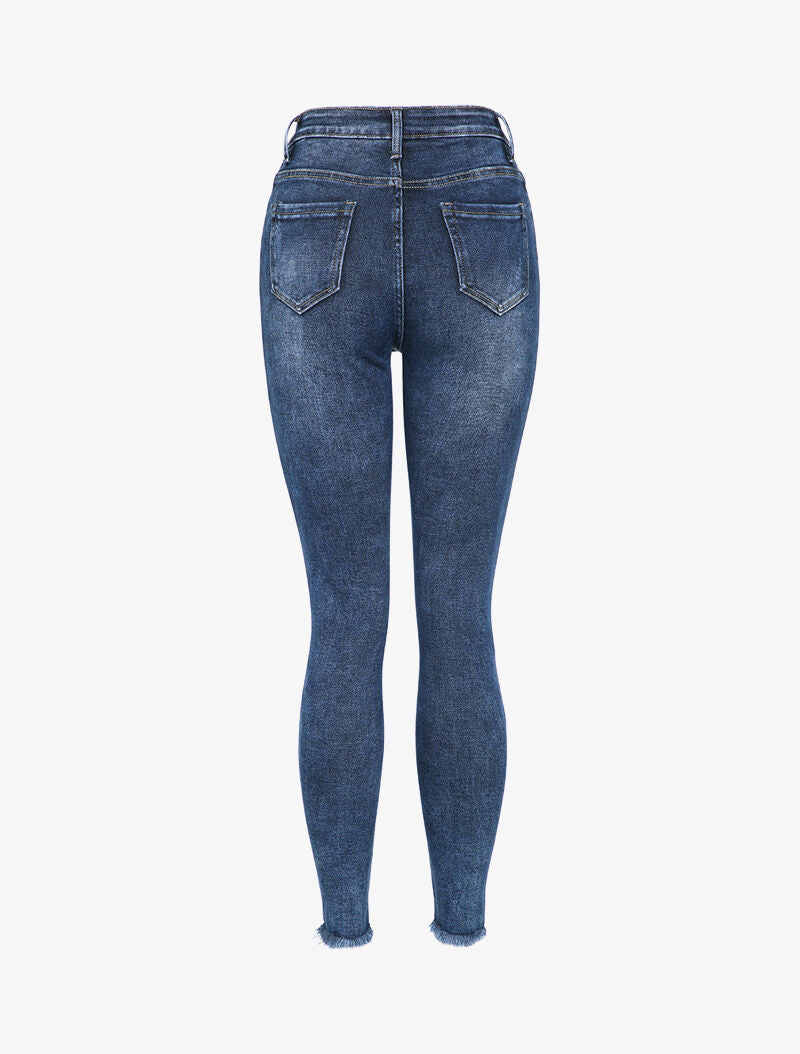 Jean skinny taille haute déchiré à bords effilochés - Bleu denim - 2
