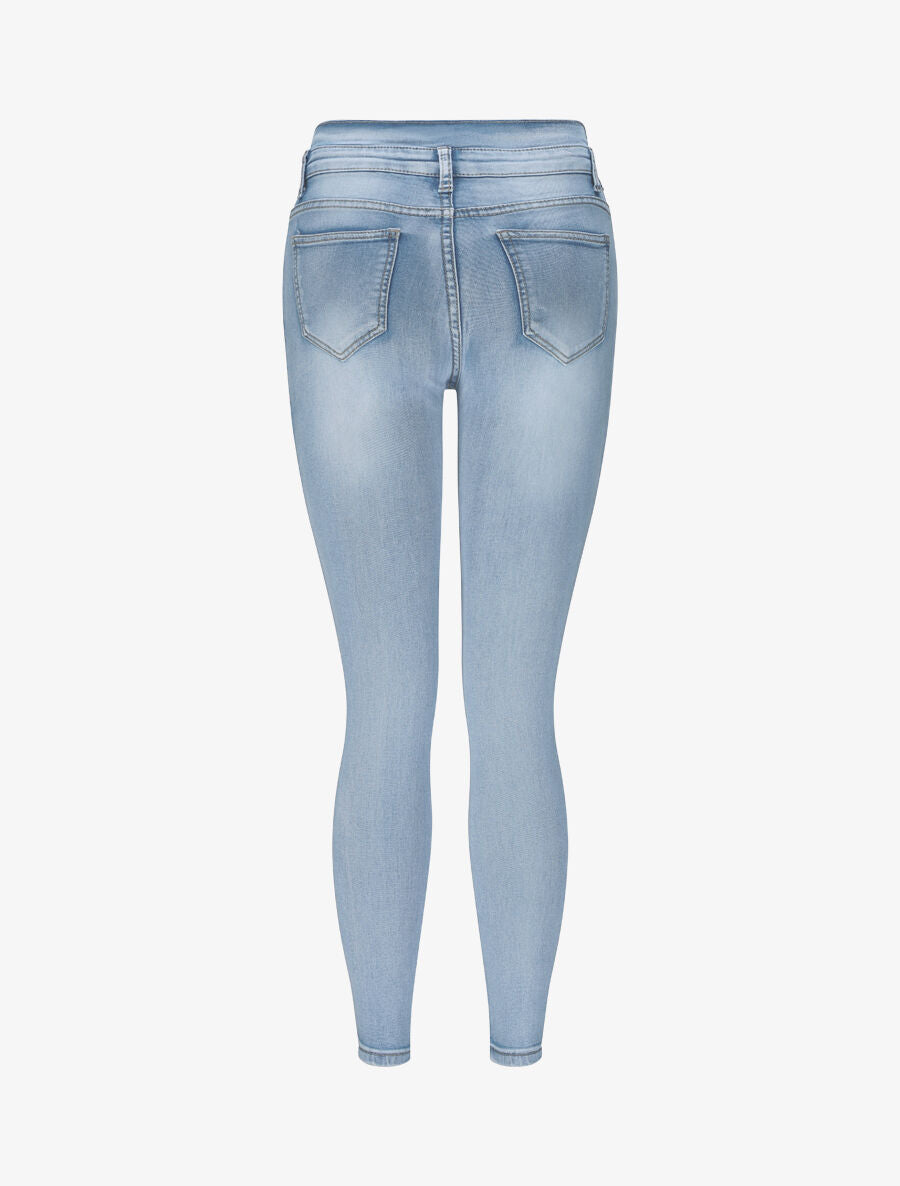 Jean slim délavé à taille haute boutonnée - Bleu clair - 2