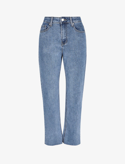Jean mom fit à bas légèrement effiloché - Bleu denim - 1