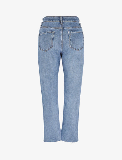 Jean mom fit à bas légèrement effiloché - Bleu denim - 2