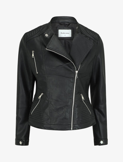 Veste en simili col montant - Noir - 1