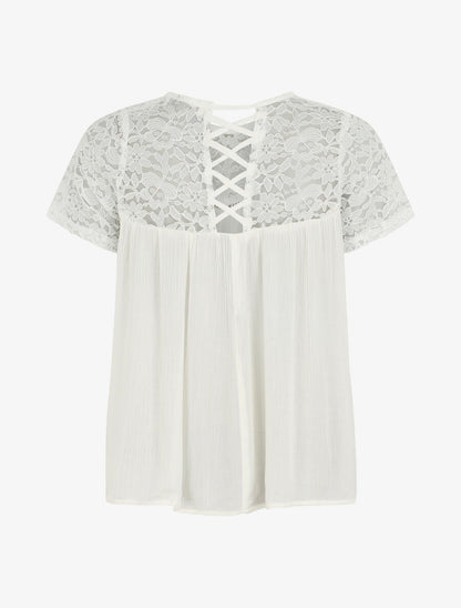 Top uni en voile et dentelle - Blanc - 2