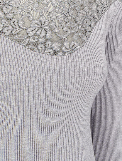 Pull côtelé à épaules en dentelle et col montant - Gris - 3