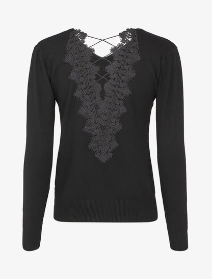 Pull à dos en V ouvert en crochet stylisé ajouré - Noir - 2