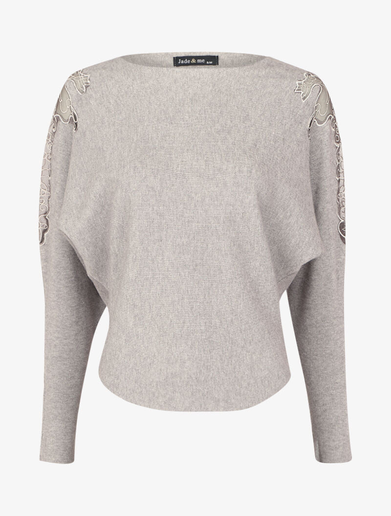 Pull manches dolman à motifs en tulle transparent et bords arrondis - Gris chiné - 1