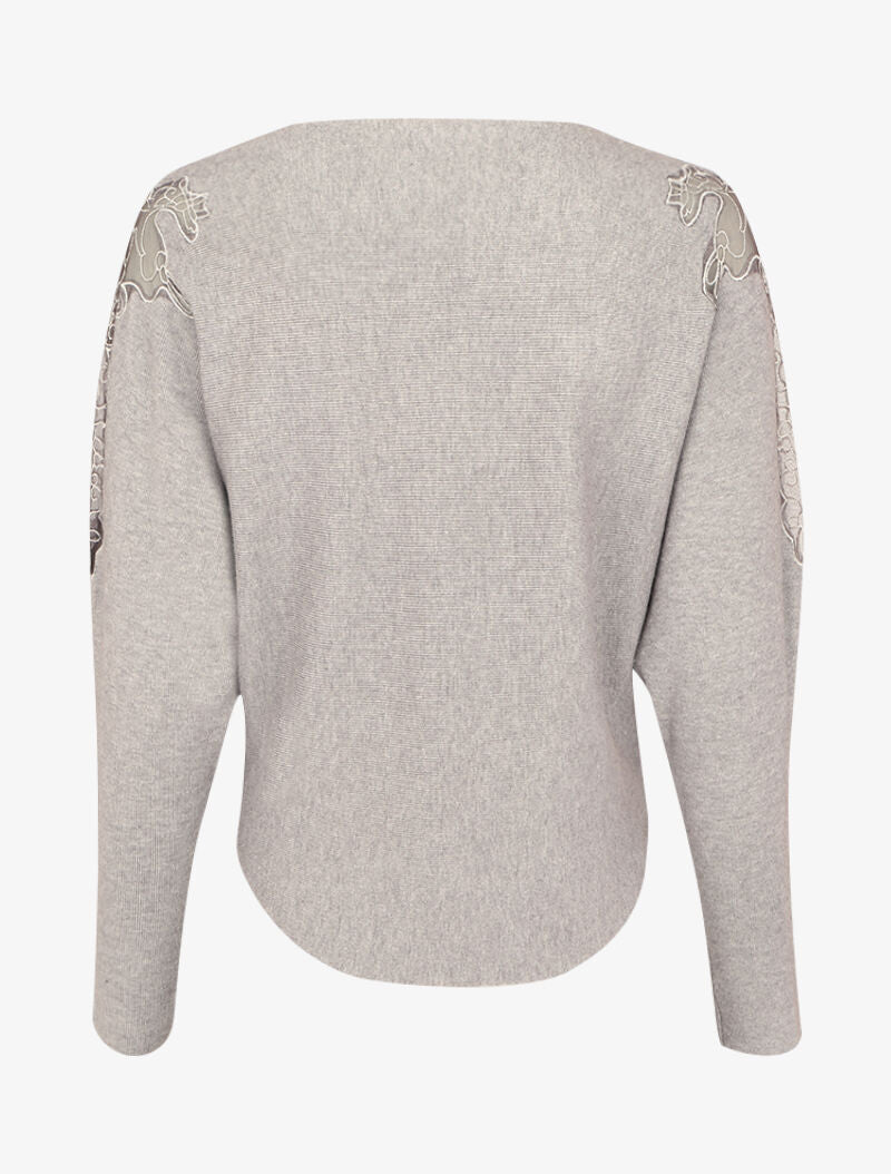 Pull manches dolman à motifs en tulle transparent et bords arrondis - Gris chiné - 2
