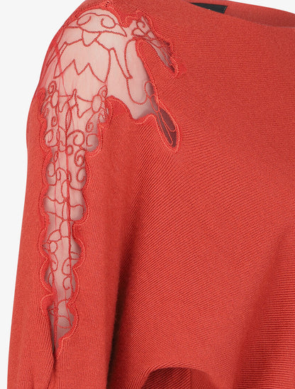 Pull manches dolman à motifs en tulle transparent et bords arrondis - Brique - 3