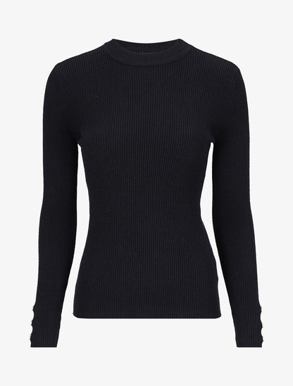 Pull côtelé basique à poignets boutonnés - Noir - 1