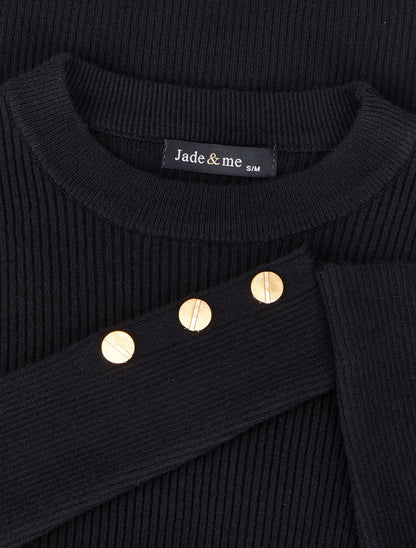 Pull côtelé basique à poignets boutonnés - Noir - 3