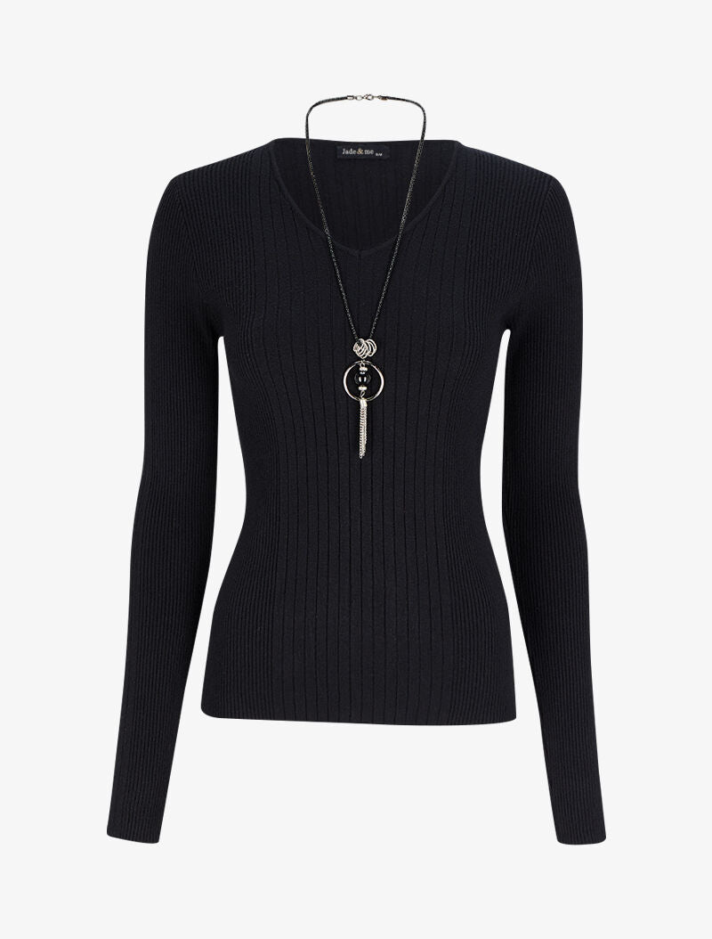 Pull côtelé à col V - Noir - 1