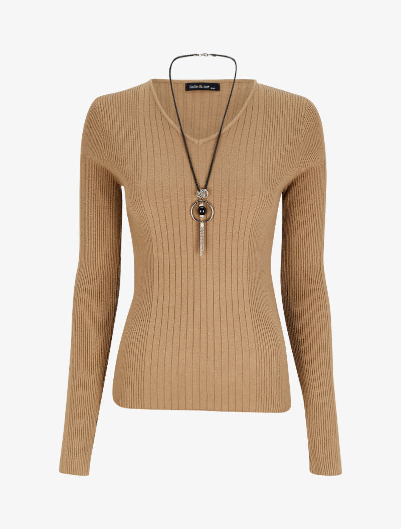 Pull côtelé à col V - Beige - 1