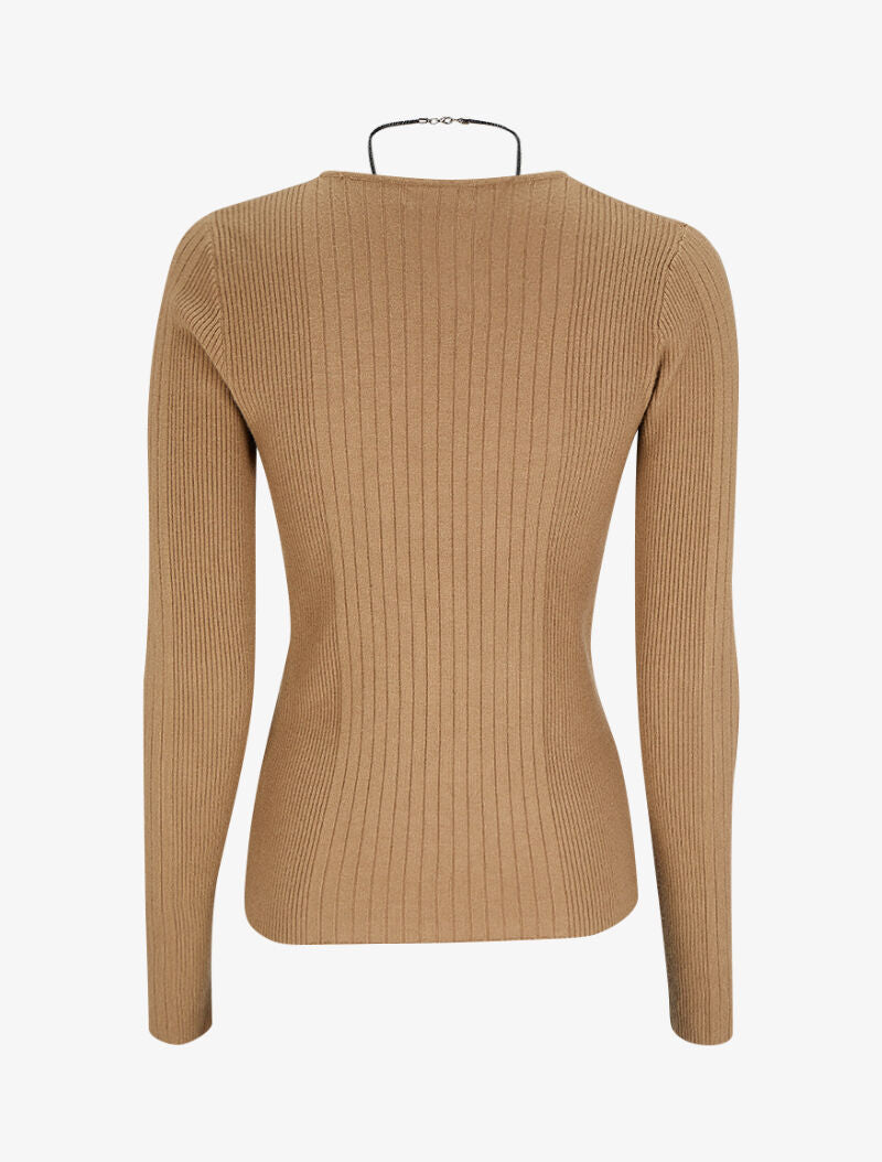 Pull côtelé à col V - Beige - 2