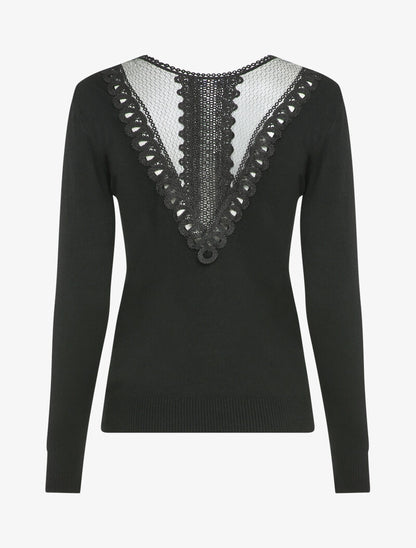 Pull fin à dos en dentelle ajourée - Noir - 2