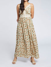 Robe longue fleurie et à fines broderies - Beige - 1