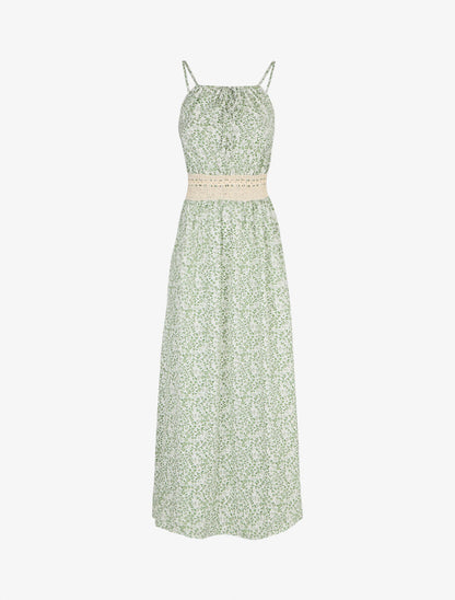Robe longue à motifs fleuris et taille brodée - Vert d&