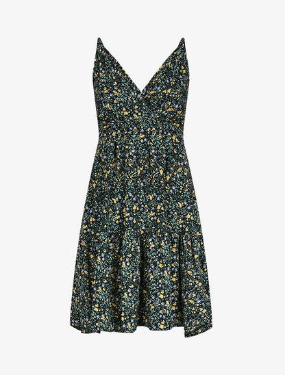 Robe patineuse mi-longue à imprimé fleurs champêtres - Noir - 1