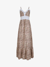 Robe longue imprimé petites fleurs à col V en dentelle - Beige - 5