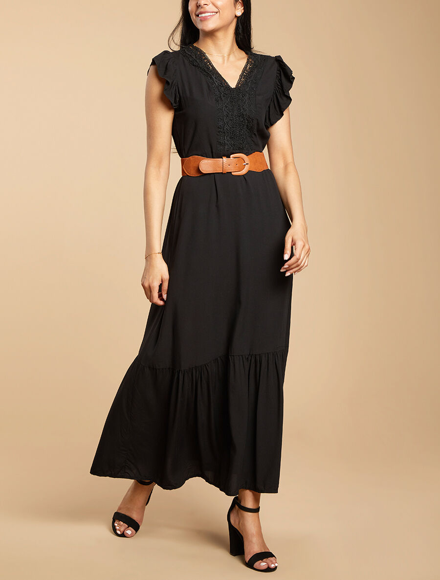 Robe longue à manches volantées - Noir - 4