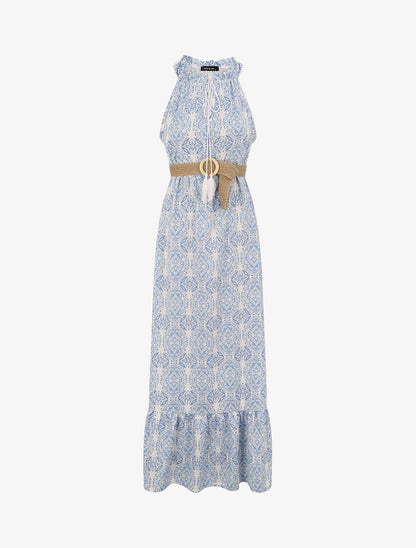 Robe longue évasée imprimé faïence fleurie - Bleu - 4